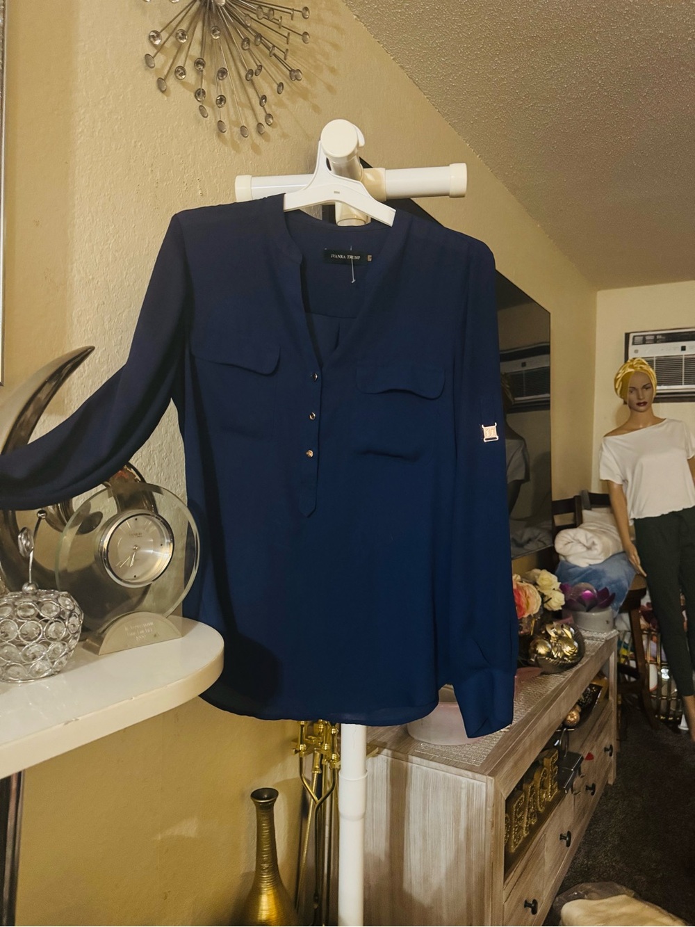Ivanka Trump Navy V-Neck Button-Front Blouse